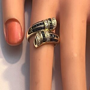 VINTAGE ESTATE 14K YELLOW GOLD RING "BYPASS" with DIAMONDS & SAPPHIRES,1960's